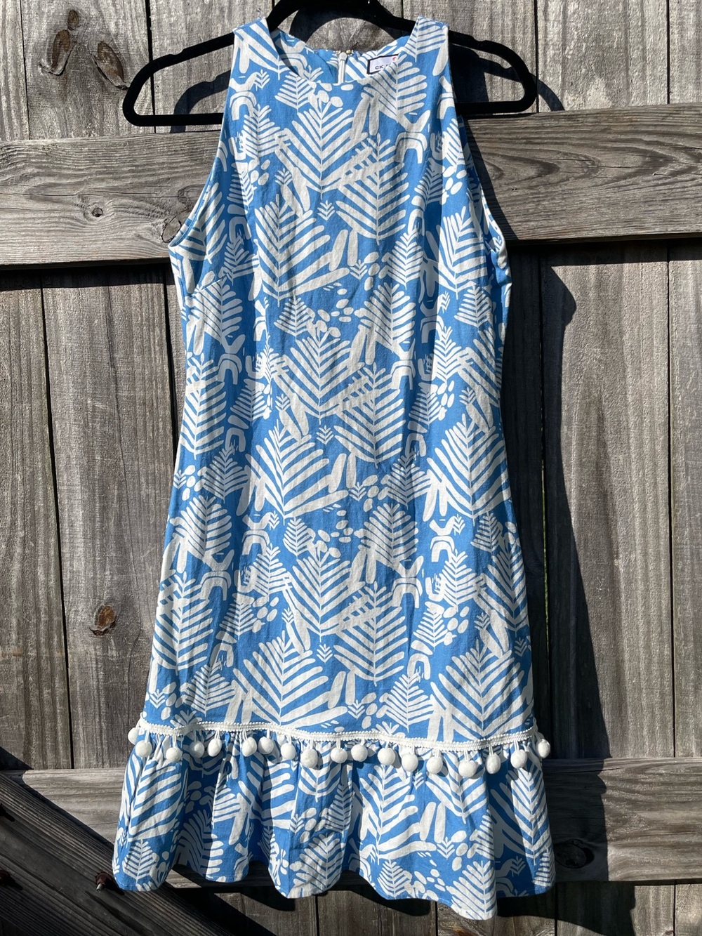 CK Bradley Women’s Blue and White Printed Midi Dress with Pom Trim